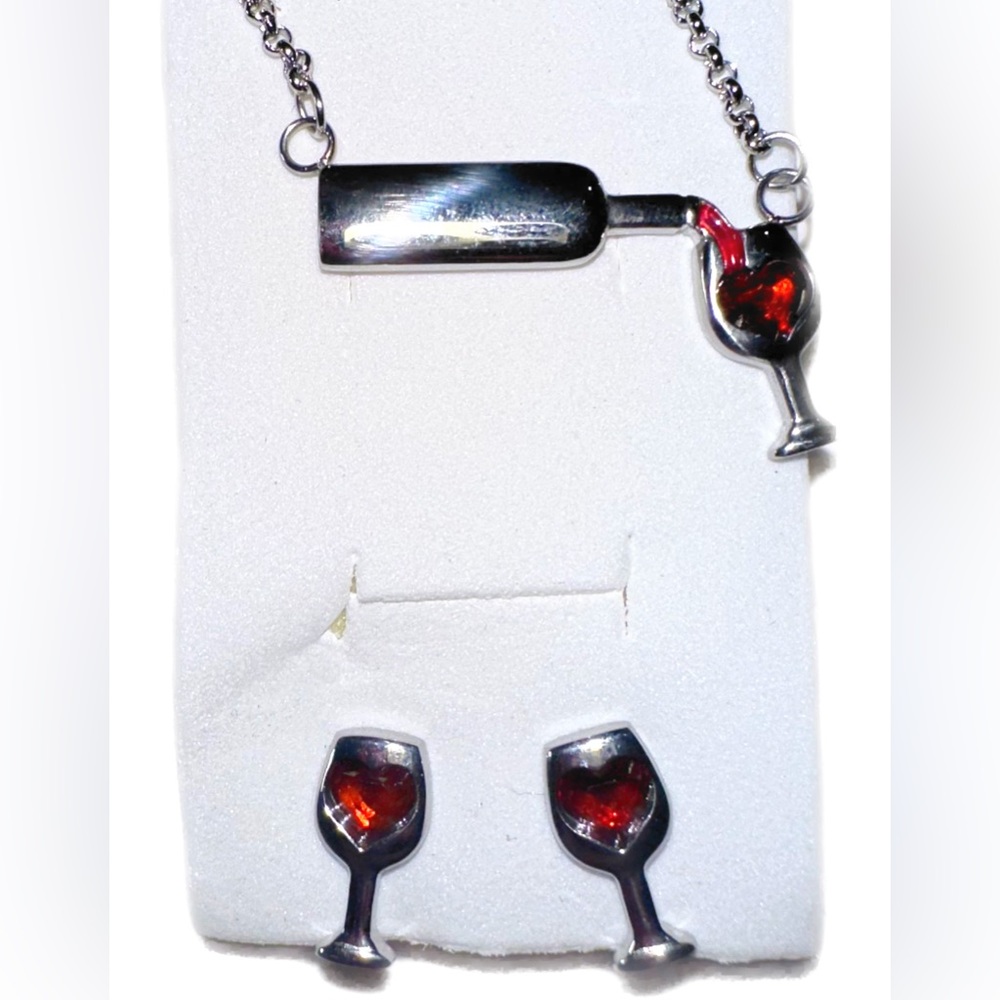 Couples' Red Heart Wine Bottle Necklace and pair of earrings.